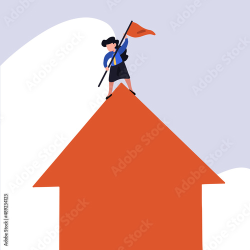 Business concept flat style isolated businesswoman planted flag on top of up arrows symbol. Female manager occupied top of arrow, which symbolizes business growth. Graphic design vector illustration