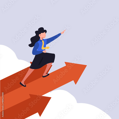 Business flat drawing active businesswoman leader stands on arrow and points direction forward. Female worker flying using rapid up arrows symbol. Success business manager. Cartoon vector illustration