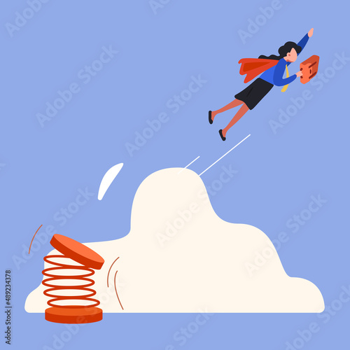 Business concept design active businesswoman superhero holding briefcase flying or high jump from springboard. Boost and growth in business. Route to success. Vector illustration flat cartoon style