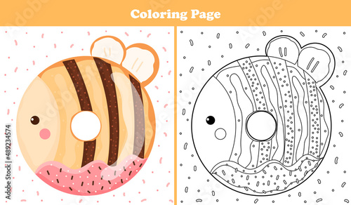 Printable coloring page for kids with sweet bee shape donut with icing and chocolate in cartoon style, game for children books