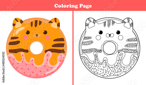 Printable coloring page for kids with sweet tiger or red cat shape donut with icing and chocolate in cartoon style, game for children books
