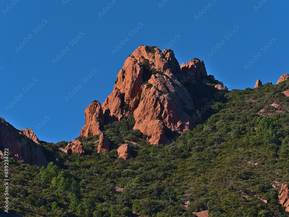 Beautiful low angle view of the characteristic red colored rocks of Cap Roux near Saint-Raphael at the French Riviera, France surrounded by forest.