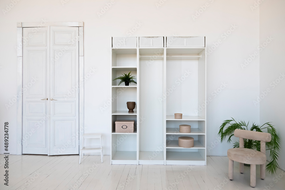 Fototapeta premium The interior of a modern living room. Minimalistic bedroom interior. Vintage white door and open closet.