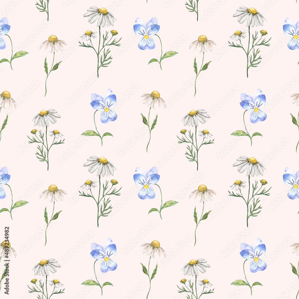 Summer wildflowers seamless pattern on pastel beige background. Watercolor hand painted daisy and pansy flowers print. Nursery botanical wallpaper