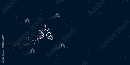 A lungs symbol filled with dots flies through the stars leaving a trail behind. Four small symbols around. Empty space for text on the right. Vector illustration on dark blue background with stars