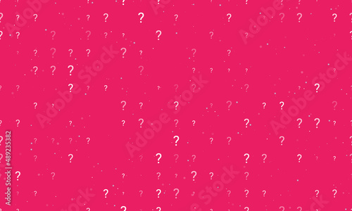 Seamless background pattern of evenly spaced white question symbols of different sizes and opacity. Vector illustration on pink background with stars