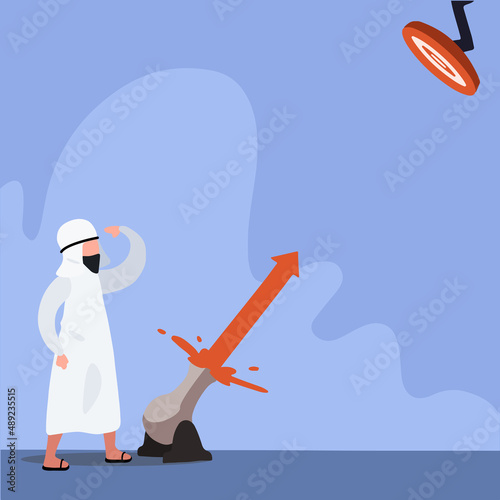 Business flat drawing attractive Arabian businessman flame the cannonball wick to hit target. Financial investments grow. Goal achievement, leadership, career path. Cartoon graphic vector illustration