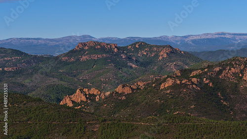 Beautiful aerial panoramic view of the Estrel mountains at the mediterranean coast near Saint-Raphael, France viewed from Cap Roux on sunny day.
