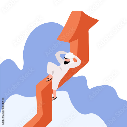Business concept flat style Arab businessman lying on diagram graph. Male manager resting on rising arrow. Rejoices growth arrow chart. Financial investment, growing income. Design vector illustration