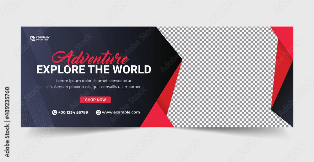 Fototapeta premium Travel agency promotion social media banner. Tour service template. Travel agency advertising banner. Tour and travel social media banner. Hiking and touring agency promotion.