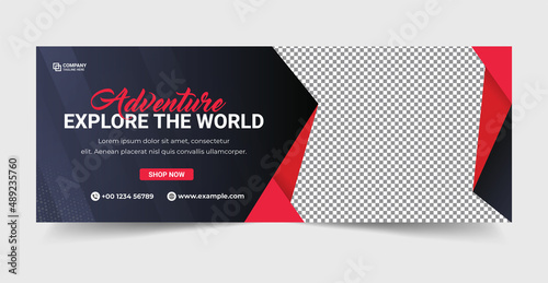 Travel agency promotion social media banner. Tour service template. Travel agency advertising banner. Tour and travel social media banner. Hiking and touring agency promotion.