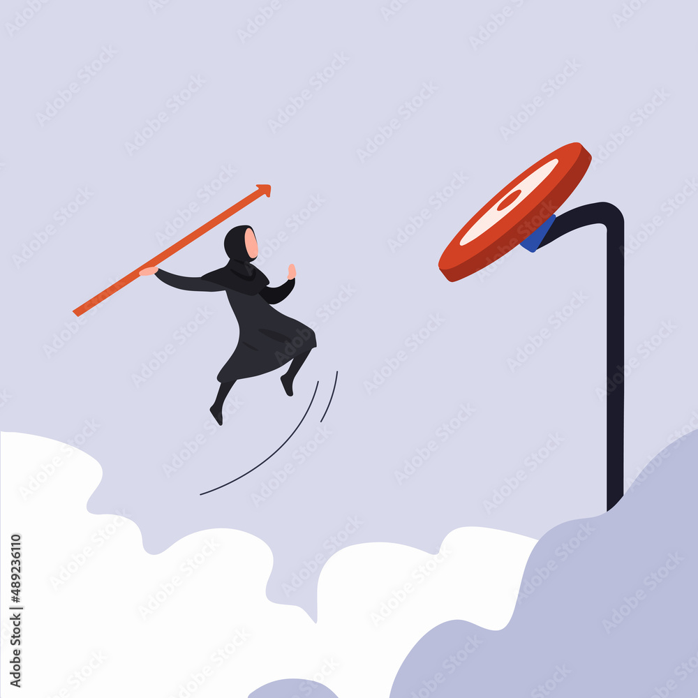 Business concept flat Arabic businesswoman jump throwing spear arrow to target. Business breakthrough success concept. Female manager throwing arrow to target board. Graphic design vector illustration