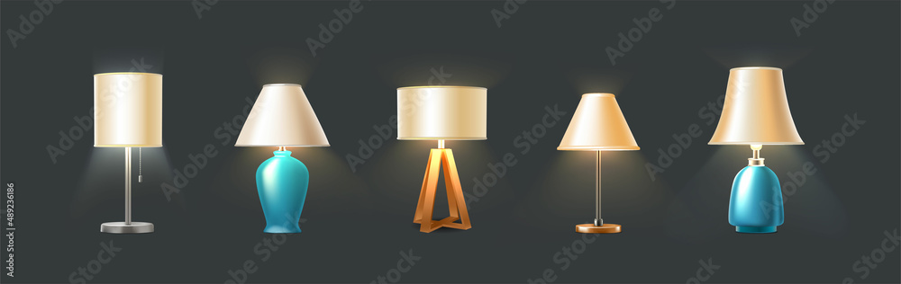 3d realistic vector icon set. Table light lamps. Lighted in the dark.