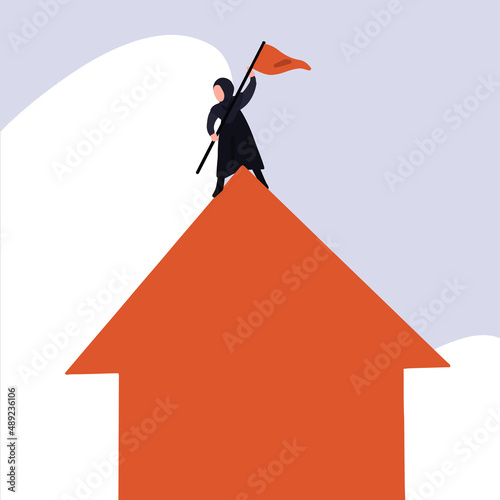 Business concept flat style isolated of Arabic businesswoman planted flag on top of up arrows symbol. Female manager occupied top of arrow, which symbolizes business growth. Design vector illustration