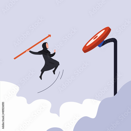 Business concept flat Arabic businesswoman jump throwing spear arrow to target. Business breakthrough success concept. Female manager throwing arrow to target board. Graphic design vector illustration