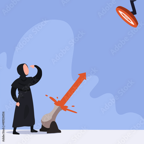 Business concept design attractive Arab businesswoman flame cannonball wick to hit target. Financial investments grow. Goal achievement, leadership, career path. Vector illustration flat cartoon style