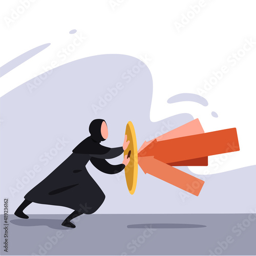 Business flat drawing brave young Arab businesswoman holds shield defending from attacks. Reflection impact. Attack protection. Insurance, protection from dangers. Cartoon graphic vector illustration