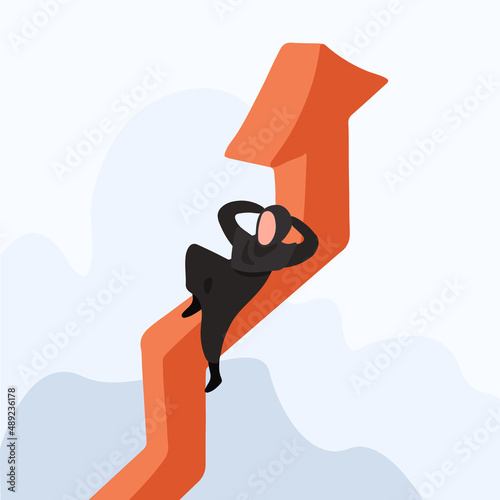 Business concept design Arabian businesswoman lying on diagram graph. Female manager resting on rising arrow. Rejoices growth arrow chart. Investment, growing income. Vector illustration flat cartoon