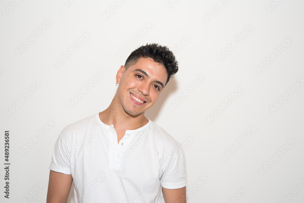 nice guy, dark-haired, white test, white t-shirt, looking straight ahead, neutral background nice guy, dark-haired, white test, white t-shirt, looking straight ahead, neutral background