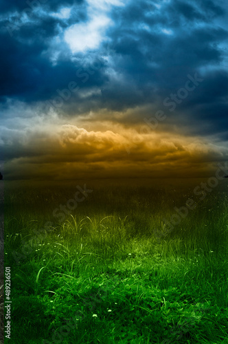 empty meadow with a dramatic sky in background