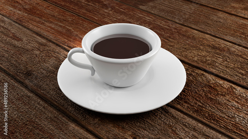 Black coffee in a white ceramic mug and plate on wooden background. 3D Rendering