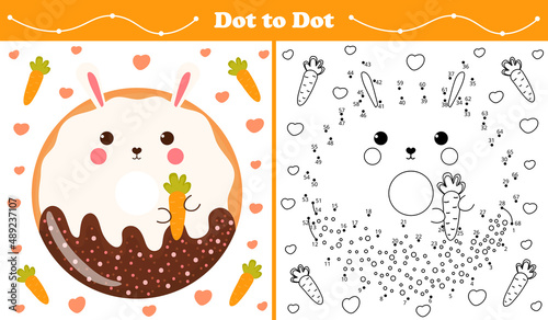 Educational coloring page with dot to dot puzzle for kids with bunny or rabbit shape sweet donut in cartoon style, printable worksheet in childish style for children books