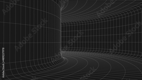 An abstract tunnel with a mesh structure. 3D grid of tunnels and corridors. Vector wormhole.