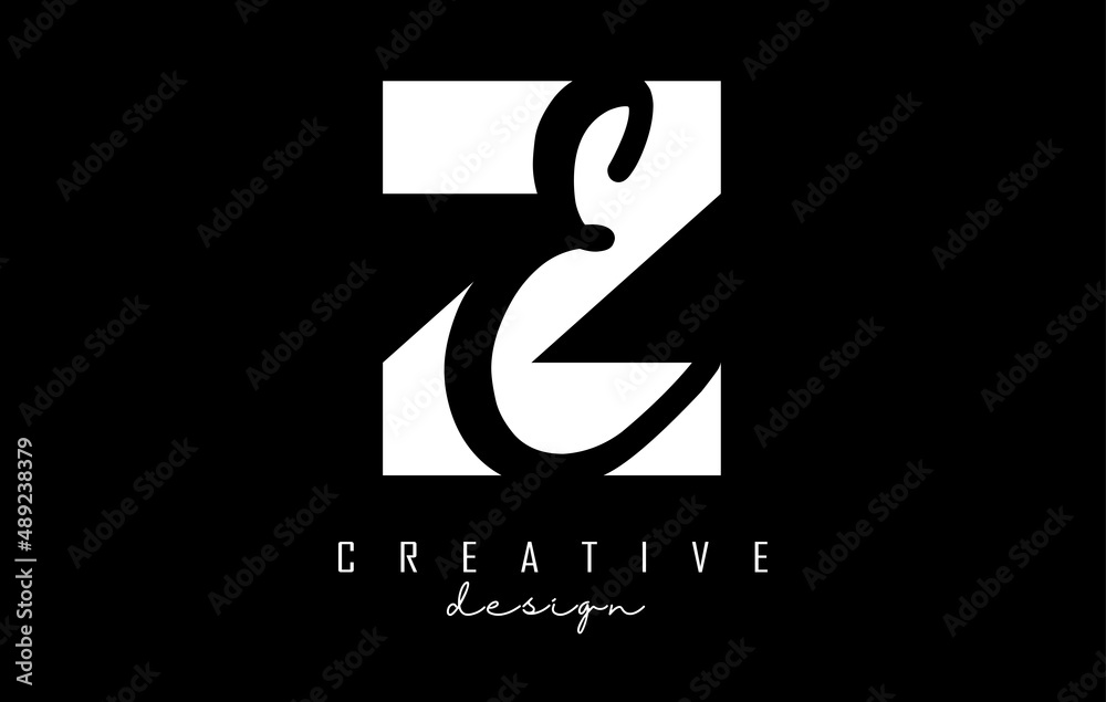 Fototapeta premium White and Black Letters ZE Logo with a minimalist design. Letters Z and E with geometric and handwritten typography.