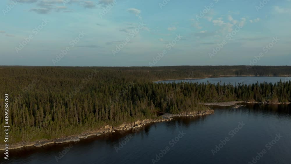 Aerial view of a forest and lake at dusk Aerial view of a forest and lake at dusk