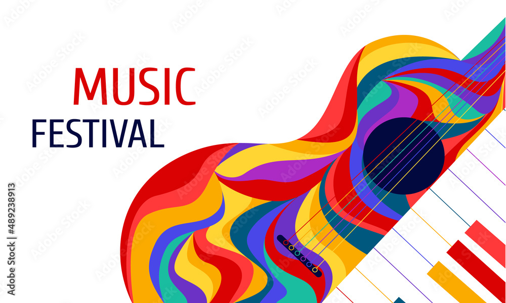 Obraz na plátně Vector illustration for a musical event with a colorful guitar and piano shape