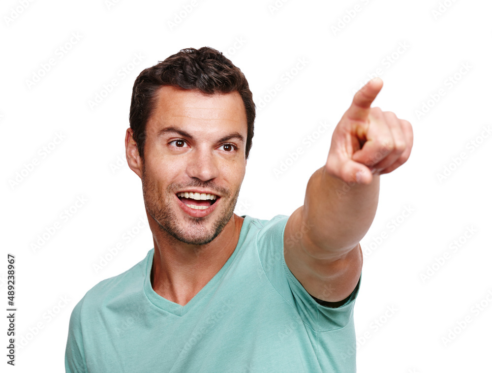 Pointing the way forward. A smiling man pointing into the distance while isolated on white. Pointing the way forward. A smiling man pointing into the distance while isolated on white.