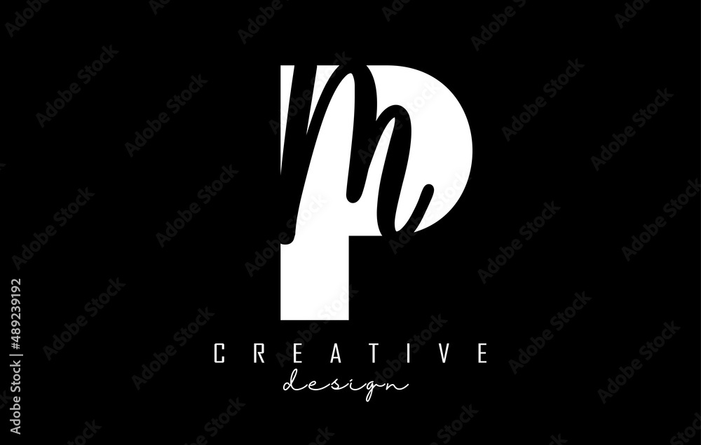 White and Black Letters PM Logo with a minimalist design. Letters P and M with geometric and handwritten typography. White and Black Letters PM Logo with a minimalist design. Letters P and M with geometric and handwritten typography.