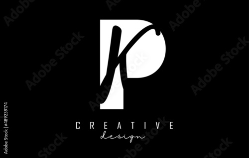 White and Black Letters PK Logo with a minimalist design. Letters P and K with geometric and handwritten typography.