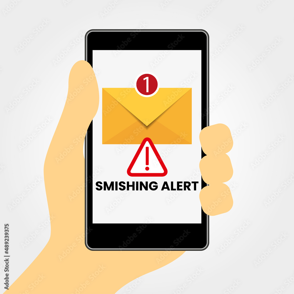 Smishing concept. Hand holding a cell phone with a fraudulent sms on the screen. Electronic messaging scam alert Smishing concept. Hand holding a cell phone with a fraudulent sms on the screen. Electronic messaging scam alert