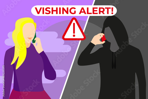 Vishing Alert. Woman receiving a fraudulent call from a stranger trying to scam her