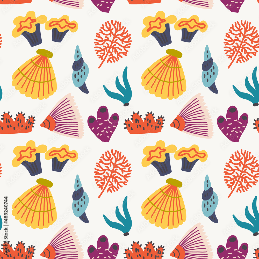 Seamless pattern seashell coral seaweed Seamless pattern seashell coral seaweed