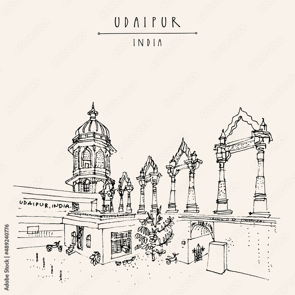 Vector Udaipur, Rajasthan, India postcard. Beautiul old Indian architecture. Hand drawn Asian cityscape sketch. Travel artistic drawing. Vintage art poster illustration