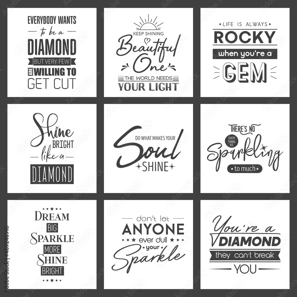 Set of Vector Vintage Typographic Quotes. Gemstone, Diamond, Sparkle, Jewerly Concept. Motivational Inspirational Posters, Typography, Lettering. Wise Sayings for Clothes Prints, T-shirts, Wall Poster