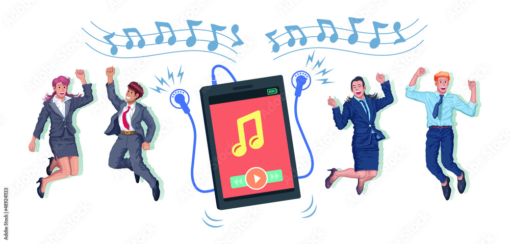 People men and women listening music and dancing together with giant smartphone vector illustration.