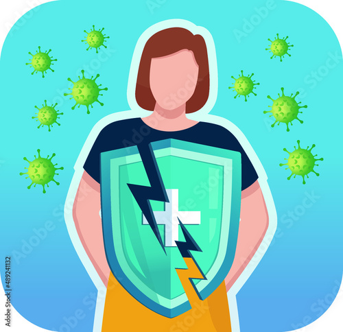 Woman with broken medical shield poor immune system function vector illustration.