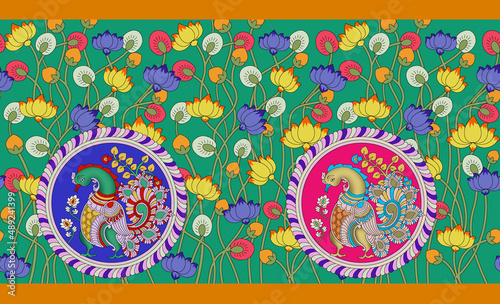 Beautiful Kalamkari Peacocks With Lotus Digital Print Design
