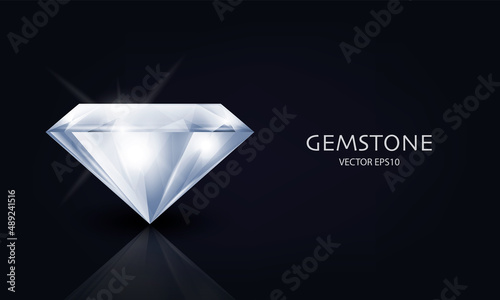 Vector Horizontal Banner with 3d Realistic White Transparent Gemstone, Diamond, Crystal, Rhinestones Closeup on Black. Jewerly Concept. Design Template, Clipart. Side View