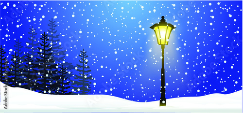 Cartoon old and classic street lamp or City street lantern with snow. Winter sky andyellow street light. Evening, dark silhouette lamppost lights. Merry Christmas, xmas time. falling snowflakes
