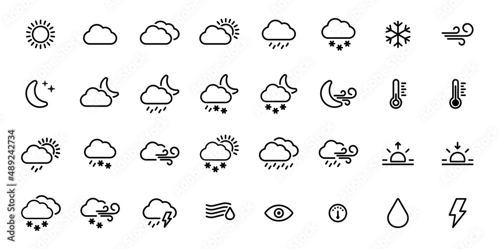 Set of weather icons and meteorological icons or symbols for weather forecast sun, clouds, wind, rain, snow, air temperature drawn