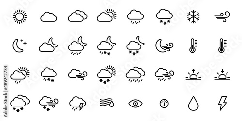 Set of weather icons and meteorological icons or symbols for weather forecast sun, clouds, wind, rain, snow, air temperature drawn
