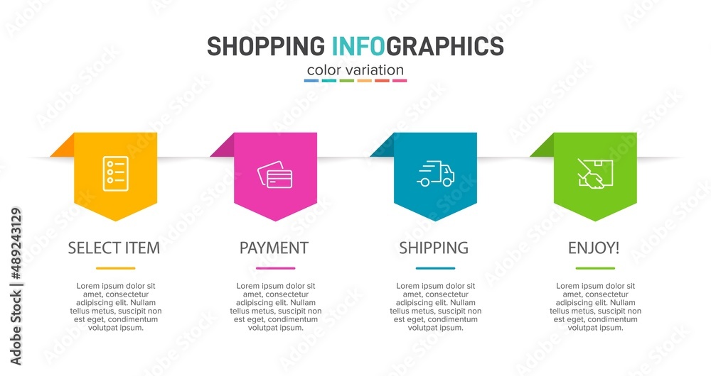Concept of shopping process with 4 successive steps. Four colorful graphic elements. Timeline design for brochure, presentation, web site. Infographic design layout. Concept of shopping process with 4 successive steps. Four colorful graphic elements. Timeline design for brochure, presentation, web site. Infographic design layout.