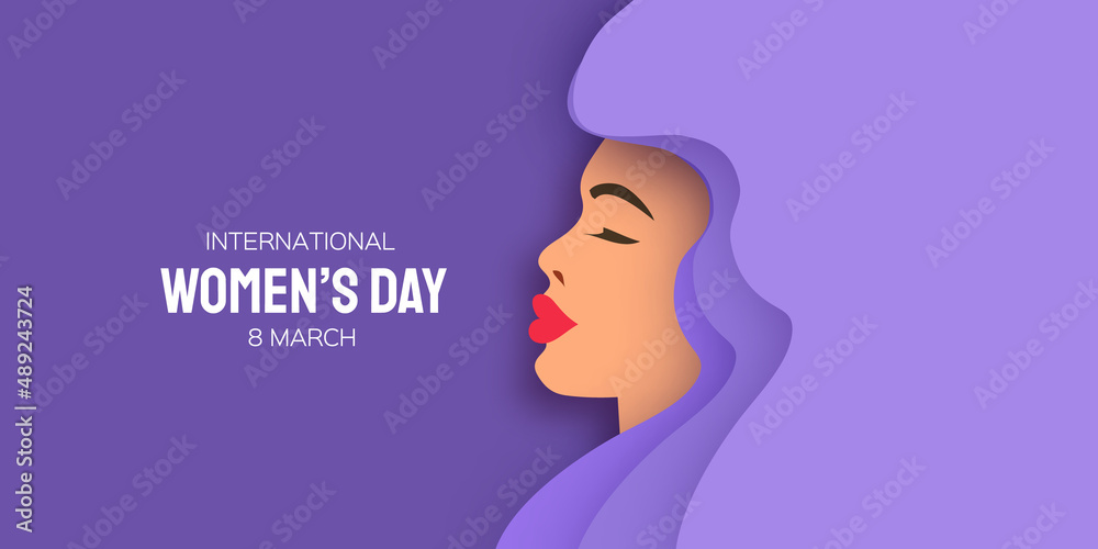 Female portrait with paper cut wavy hair. Happy Women's day. Happy Mother's Day. Trendy contemporary art. 8 March. Spring. Very peri color. V