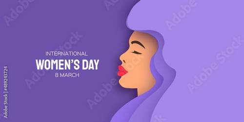 Female portrait with paper cut wavy hair. Happy Women's day. Happy Mother's Day. Trendy contemporary art. 8 March. Spring. Very peri color. V