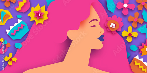 Female portrait with paper cut flowers. Happy Women's day. Happy Mother's Day. Abstract Hand drawn paper cut floral shapes. Trendy contemporary art. 8 March. Spring. Paper art work. Very peri color