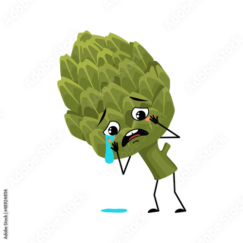 Artichoke character with crying and tears emotion, sad face, depressive eyes. Person with melancholy expression, green vegetable emoticon. Vector flat illustration